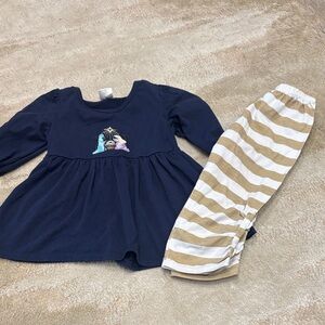 Nativity embroidered Navy Top and Striped Pants Set